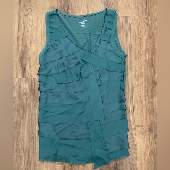 Loft tank top, size XXS, emerald green, with ruffles. - Picture 1 of 4